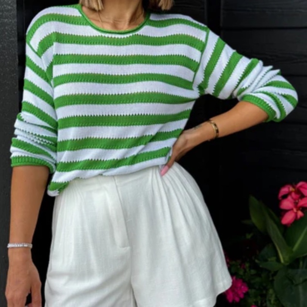 Z Supply Green and White Striped Lightweight Crewneck Sweater
